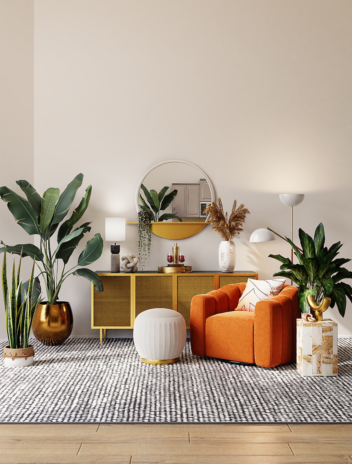 A boho interior design scheme, with orange armchair, textured rugs and plants 
