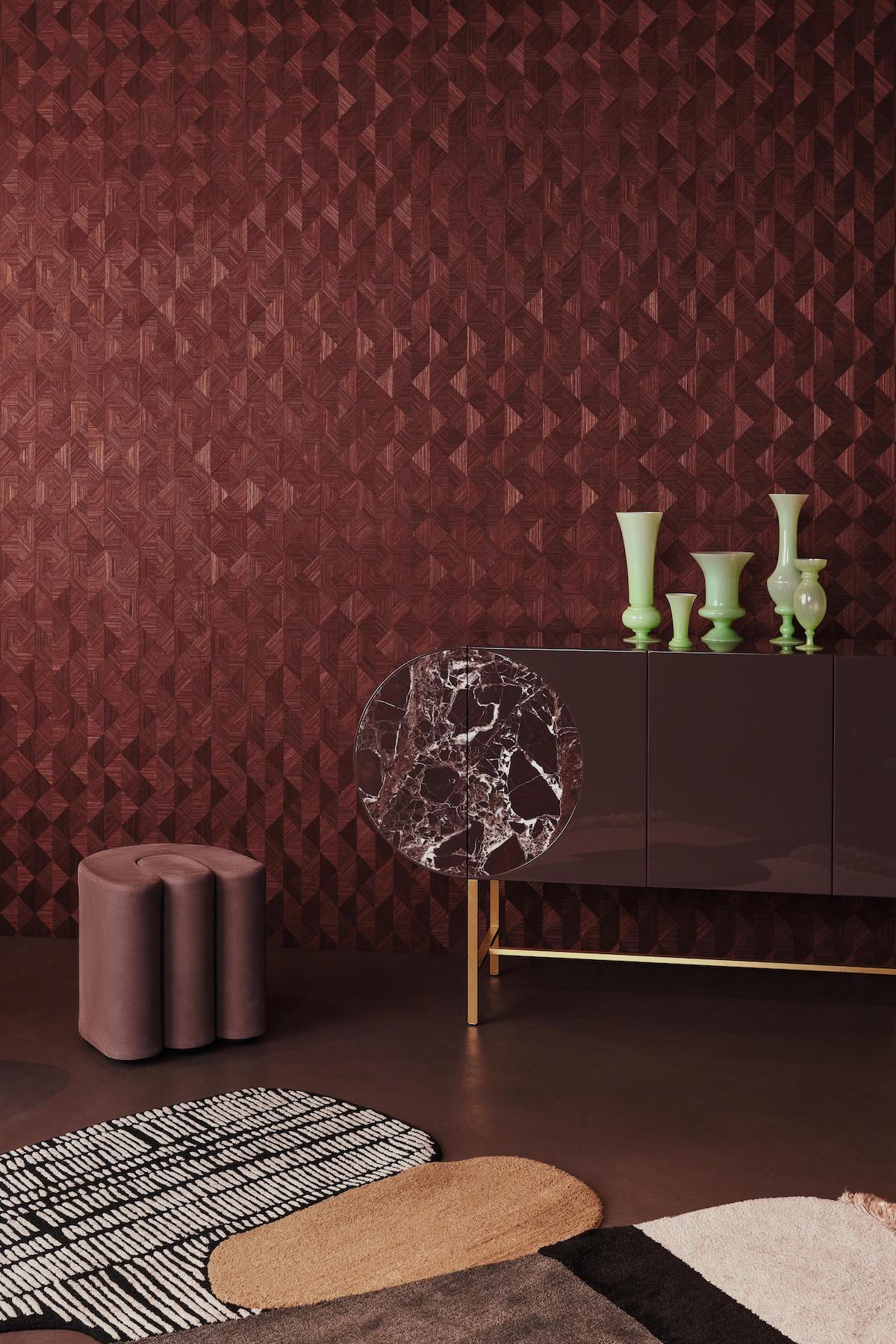 Red geometric wallcovering in living room