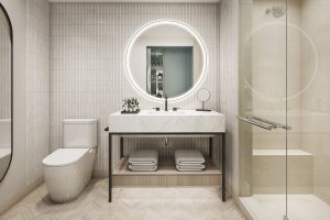 contemporary design and a neutral palette in the bathroom at The Morrow