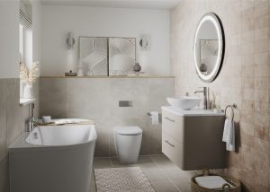 Camberwell by Britton Bathrooms in beige colourway in a neutral modern bathroom spa