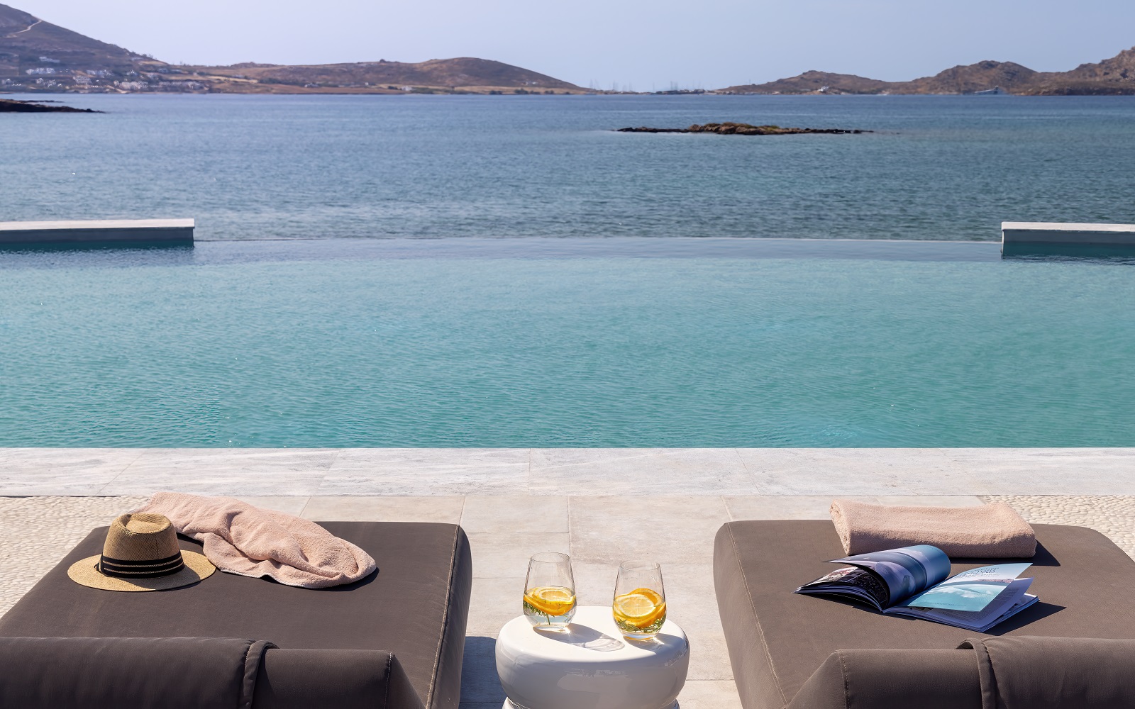 view out to sea over the swimming pool at cosme Paros