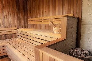 wooden seats in the sauna at Retreat East
