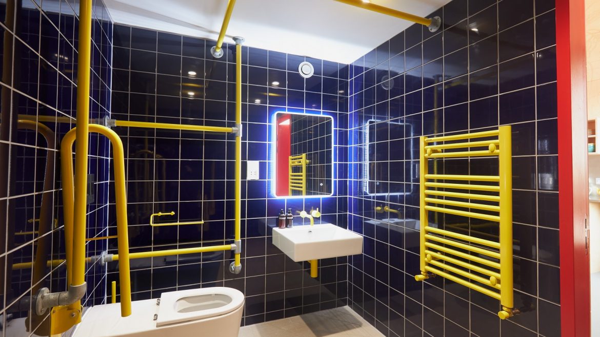 bathroom design in bright primary colours at East Quay pods