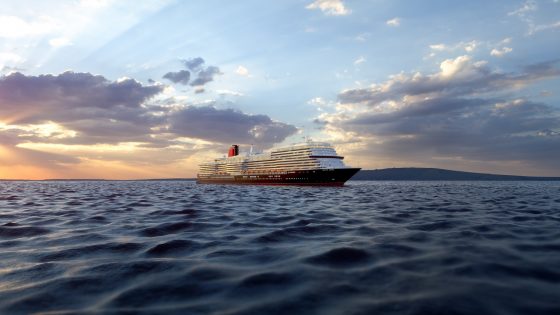 Cunard's Queen Anne in profile sailing in twilight