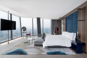 grey and blue interiors in the guestrooms at the Ritz Carlton Mexico City