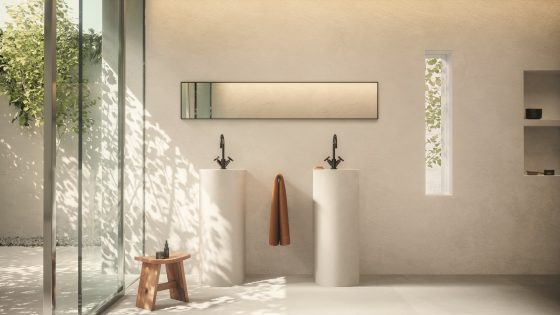 modern light filled bathroom in neutral shades with Tara fittings by Dornbracht