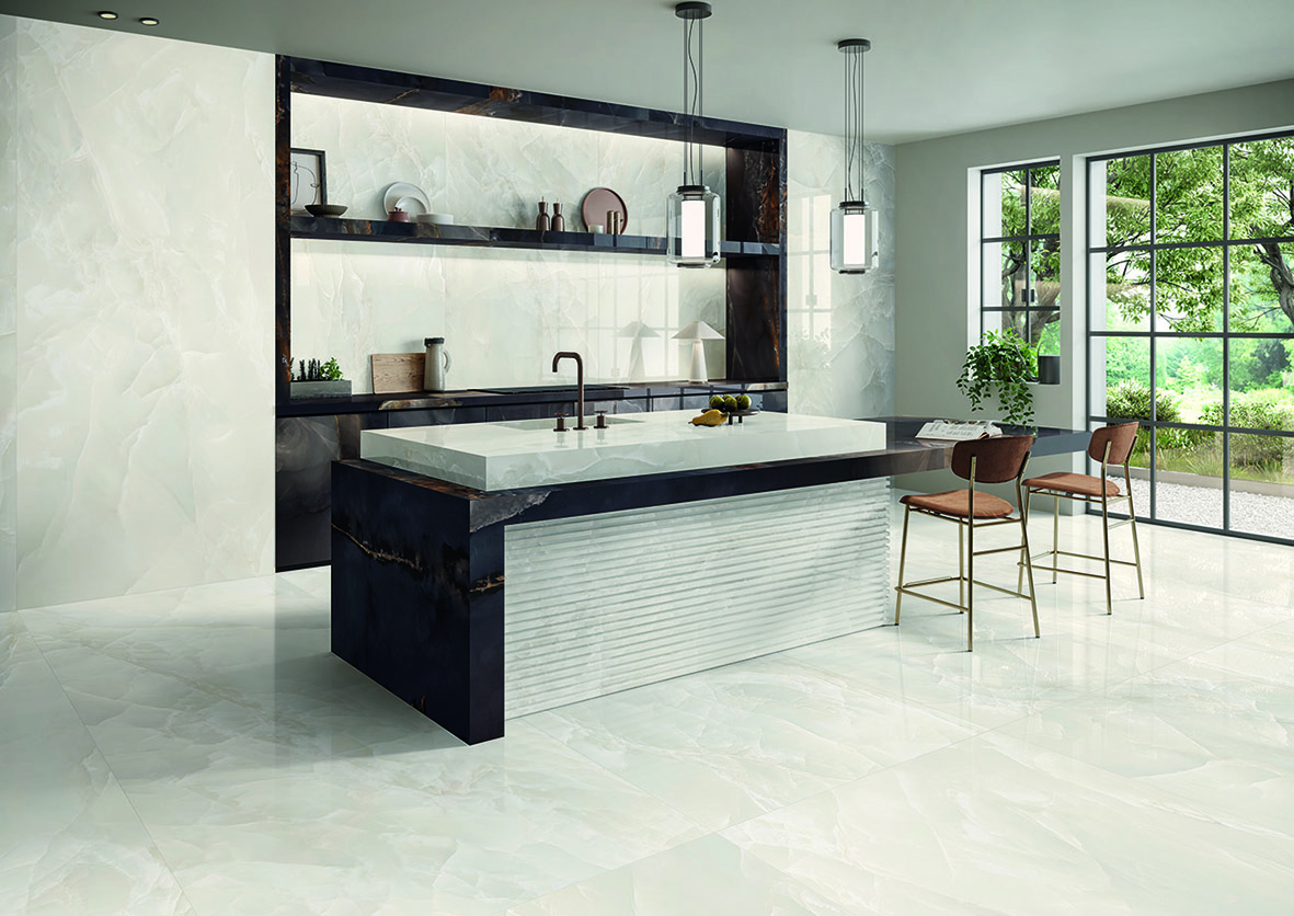 The new Onyx Ivory Tiles add a chic finish, which helps to bounce more light around this kitchen.
