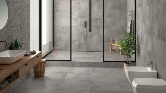 Urban grey flooring tiles in bathroom