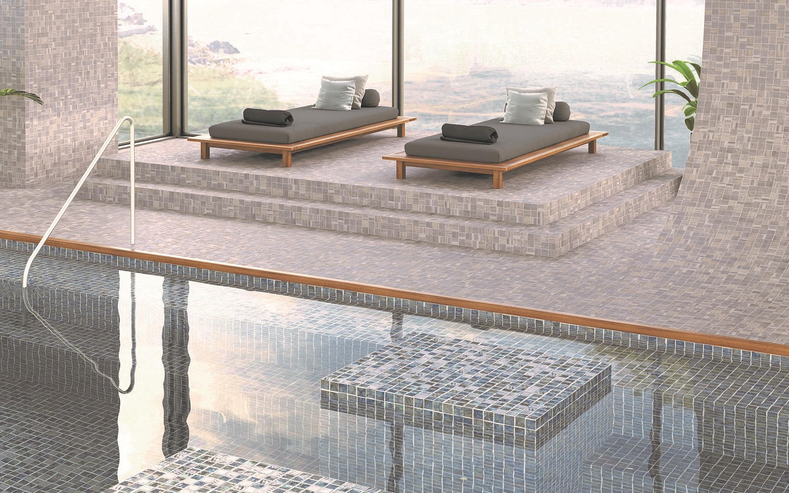spa and indoor swimming pool tiles in grey mosaic tiles using the Aquatechnica system