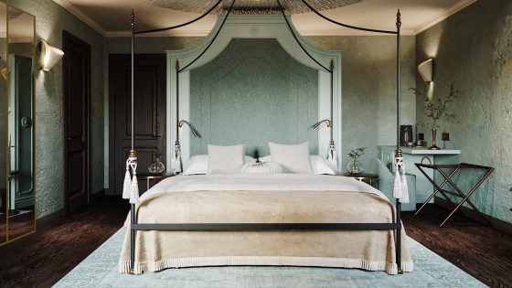 Nordelaia guestroom with four poster bed in shades of grey