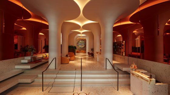 organic shapes and lighting in the lobby of SO/Paris