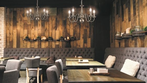 pendant Mondrian light by Franklite lighting a rustic restaurant setting
