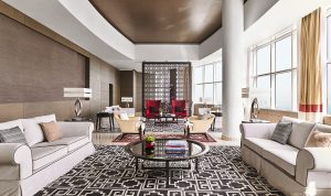 the penthouse in the Pullman doha with geometric carpet and screen design
