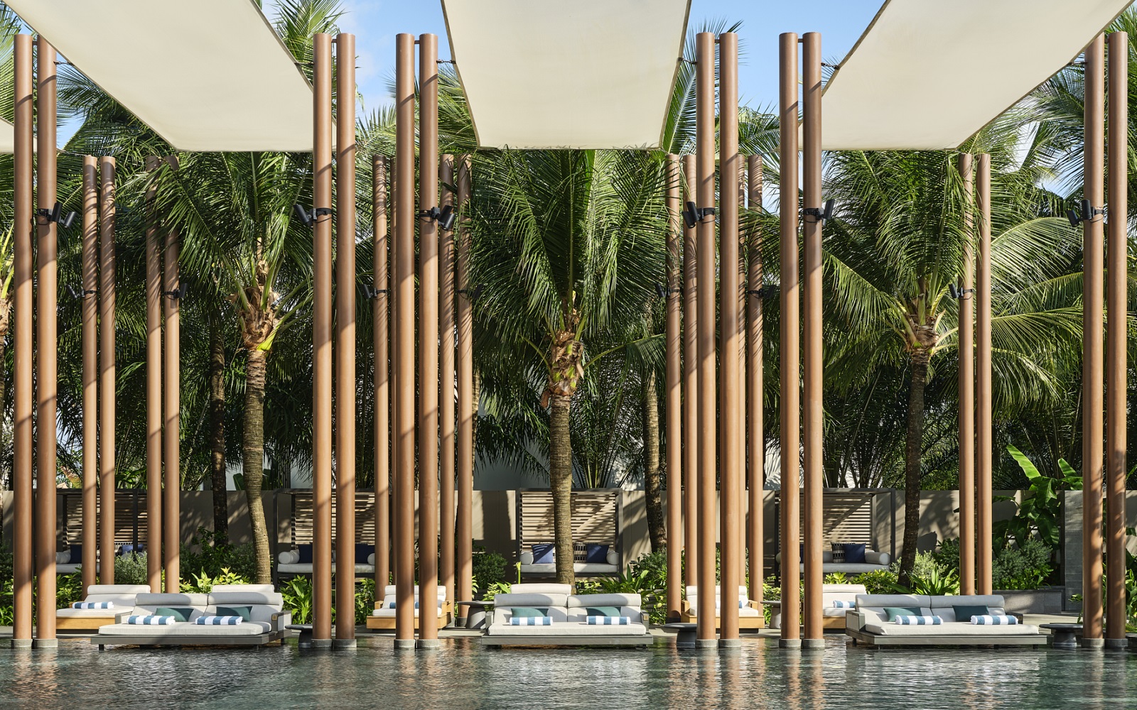 swimming pool at Regent Phu Quoc with architectural poles and shade cloth installation by BLINK