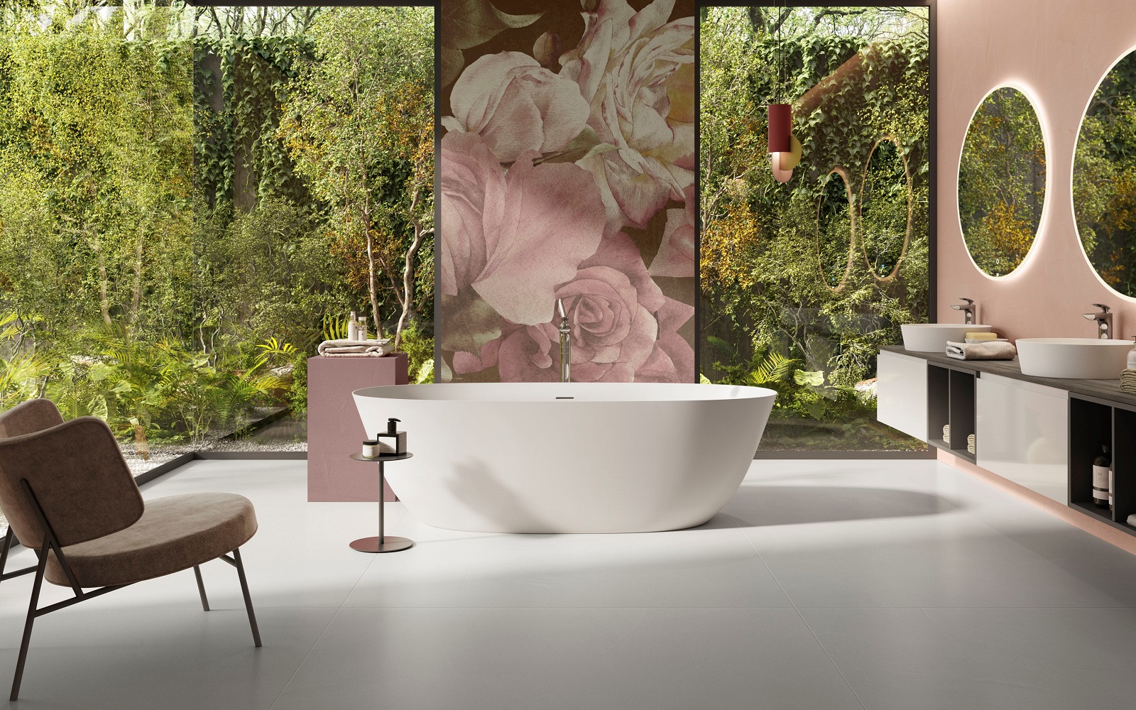 RAK Metamorfosi collection makes a visual statement on the wall behind a freestanding bath