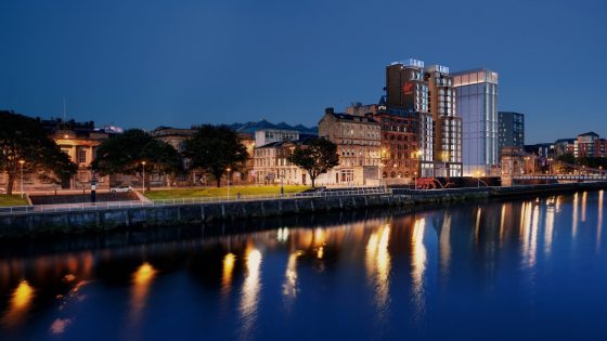 night view across the river of Virgin Hotel Glasgow