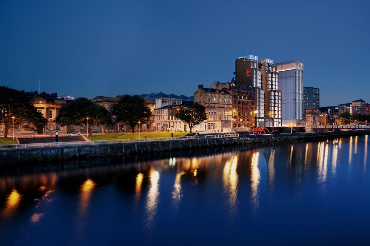 night view across the river of Virgin Hotel Glasgow