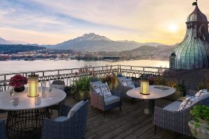 view over the lake from the panoramic suite terrace at Mandarin Oriental Palace Luzern