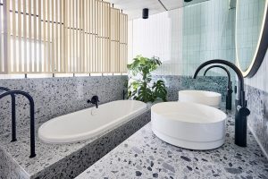 kaldewei nueva washbasin on grey surface in the bathrooms in the Hotel Seegarten