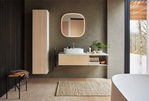a bathroom with natural textures and colours and Zencha furniture by Duravit