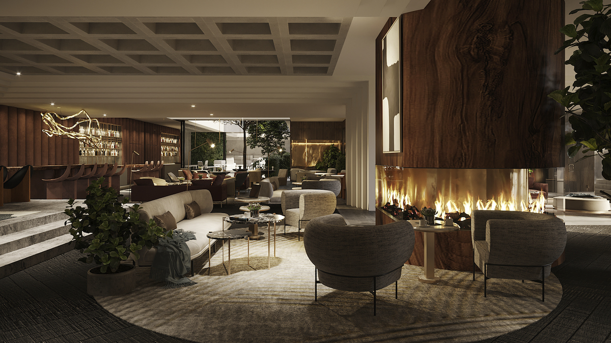 The lobby, designed around the fire Emporium Plovdiv MGallery Hotel Collection