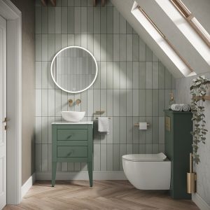 bathroom with sage green crosswater canvass wallhung furniture and green tiles with wooden floor