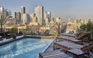 Cara Cara rooftop pool and bar looking over the city of Downtown L.A