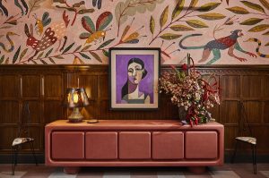 lobby design with bold pattern on the wall and artwork at Downtown L.A Proper