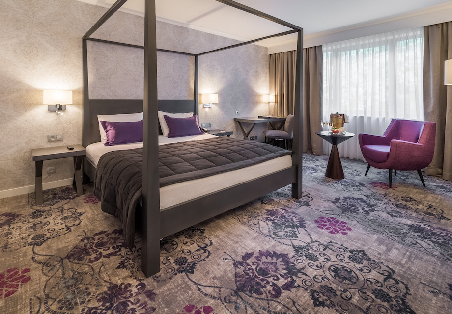 Purple flooring in guestroom