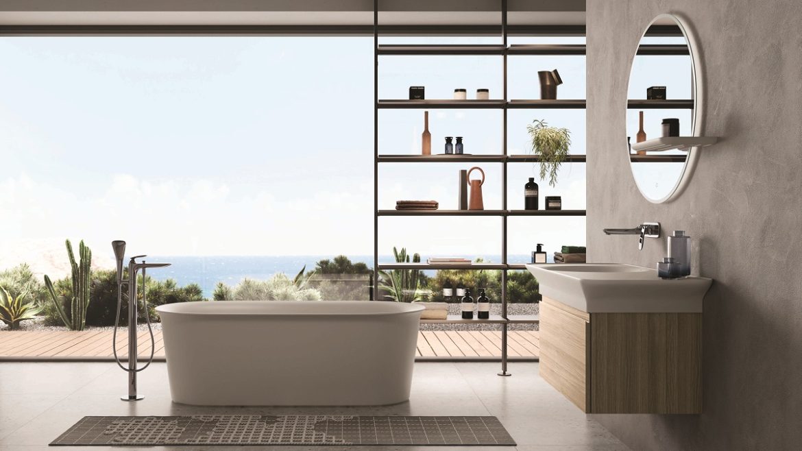 a contemporary bathroom with views out to sea fitted with RAK-Valet by RAK Ceramics