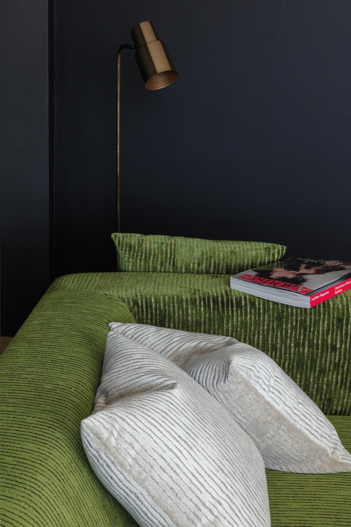 couch upholstered in green velvet Soho stripe from Sekers with cushion in cream striped soho velvet