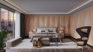 3D wallpanels make a statement in hotel guestroom