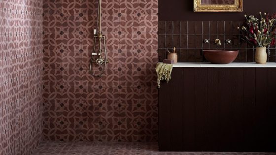 Hyperion tiles in brown encaustic tile on floor and wall of a wetroom
