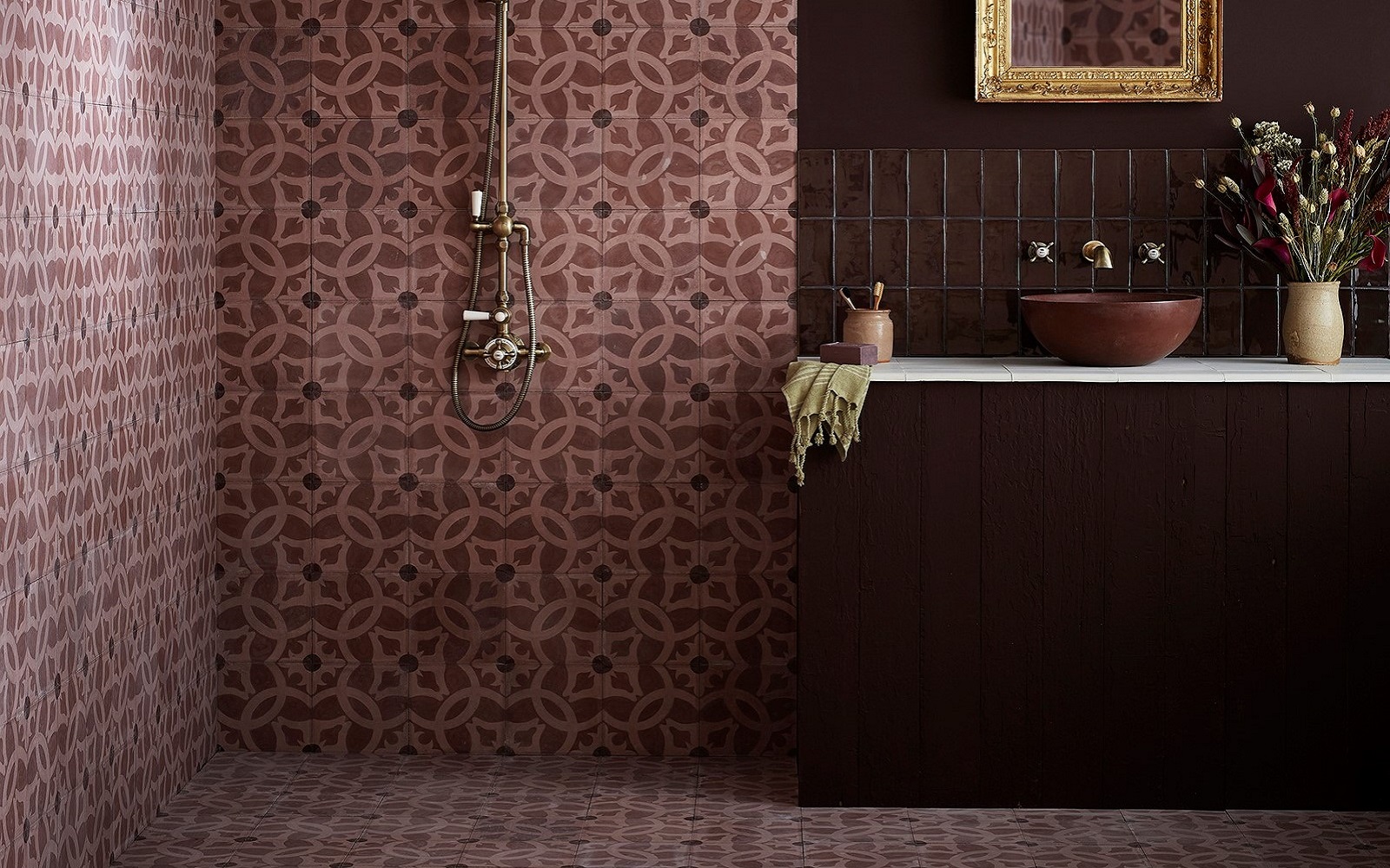 Hyperion tiles in brown encaustic tile on floor and wall of a wetroom