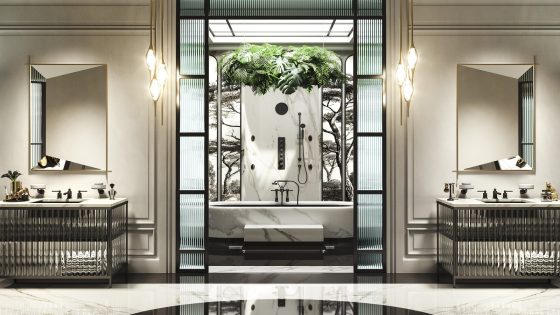 art deco inspired Venti Collection by Gessi in black and white deco bathroom