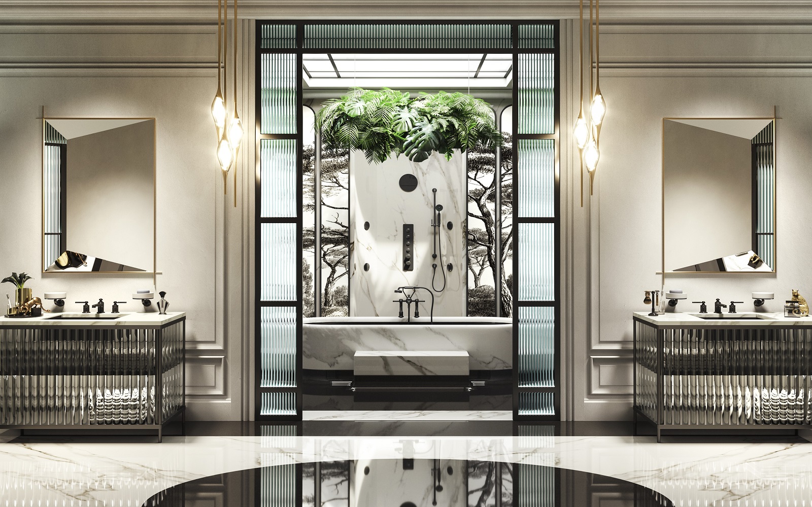 art deco inspired Venti Collection by Gessi in black and white deco bathroom