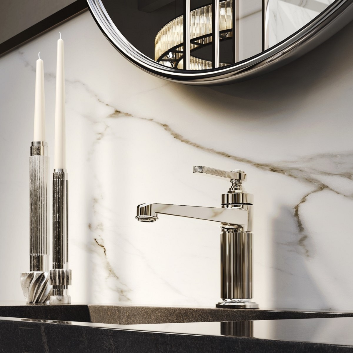 Gessi Venti20 tap on black sink with marble background