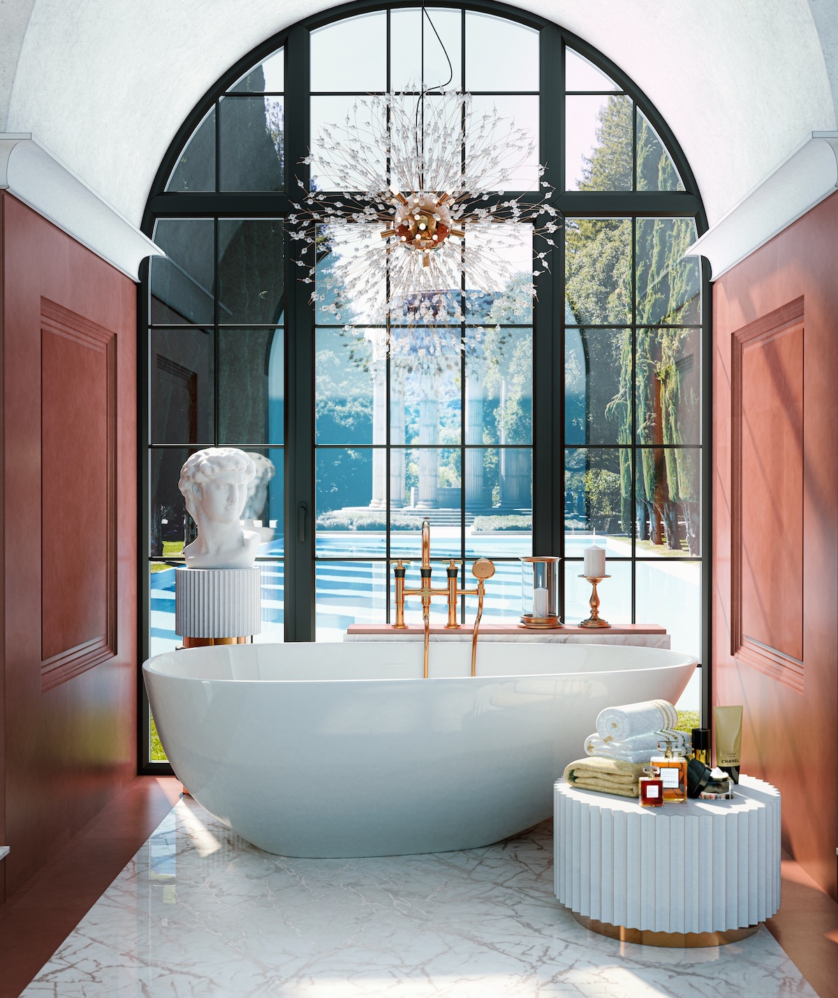 vignola bath with red and white walls