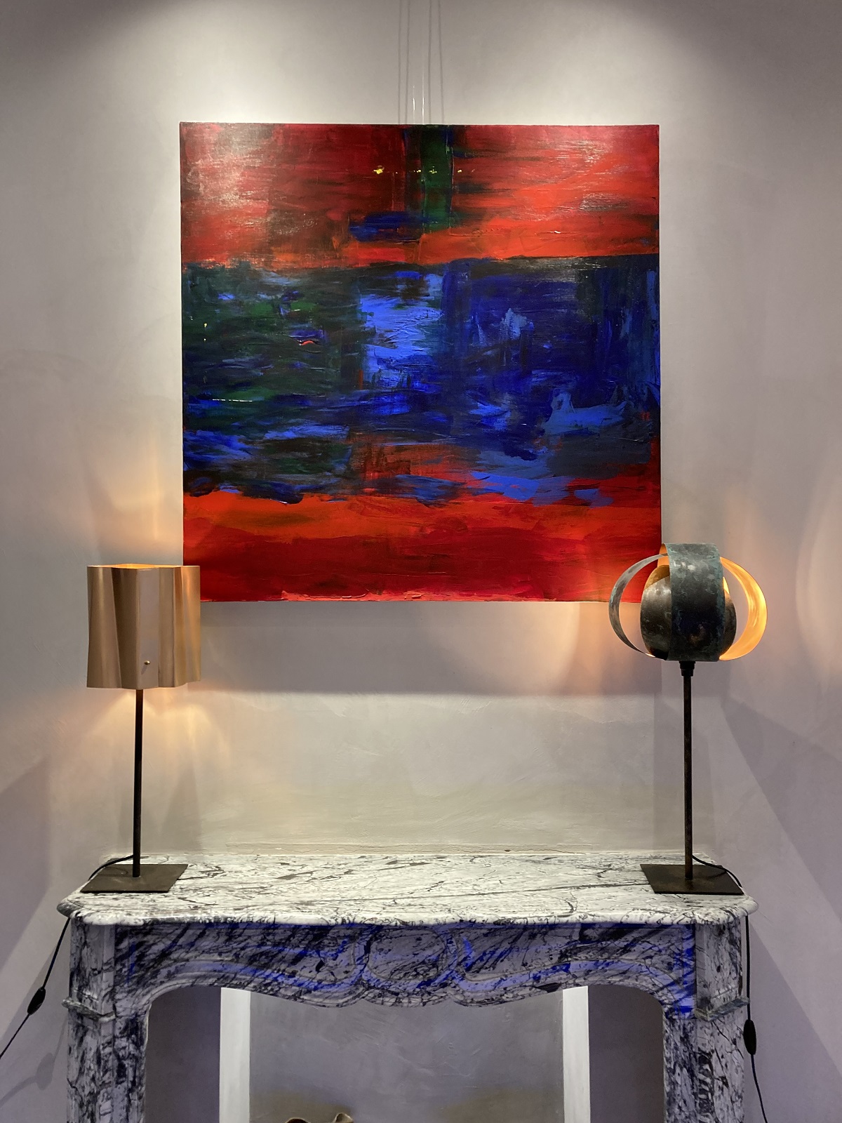 painting above console titled you make me feel red and blue and yellow too by Frances Bildner