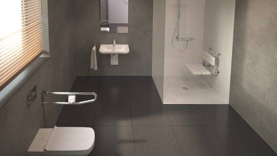 grey and white accessible bathroom by Duravit