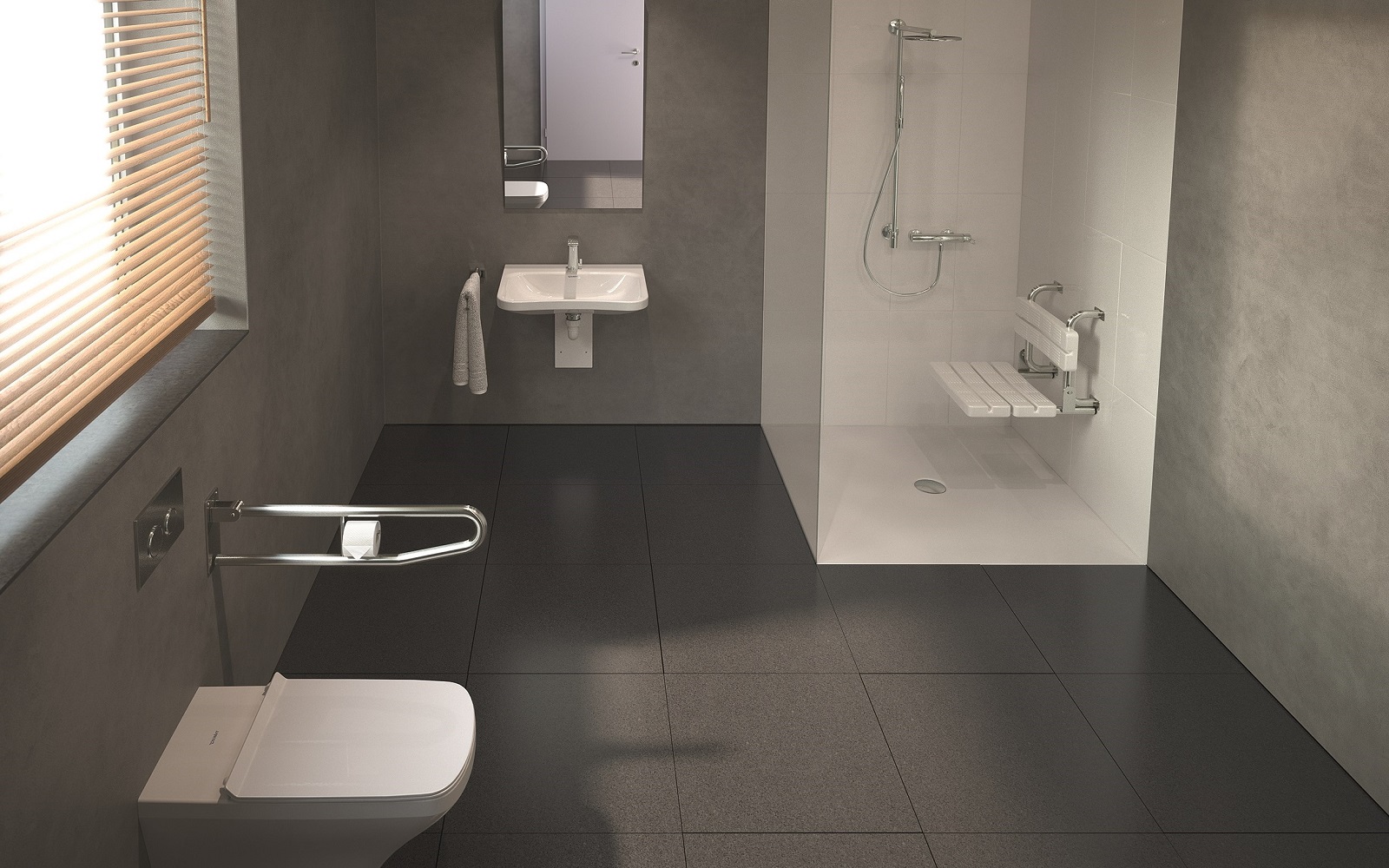 grey and white accessible bathroom by Duravit