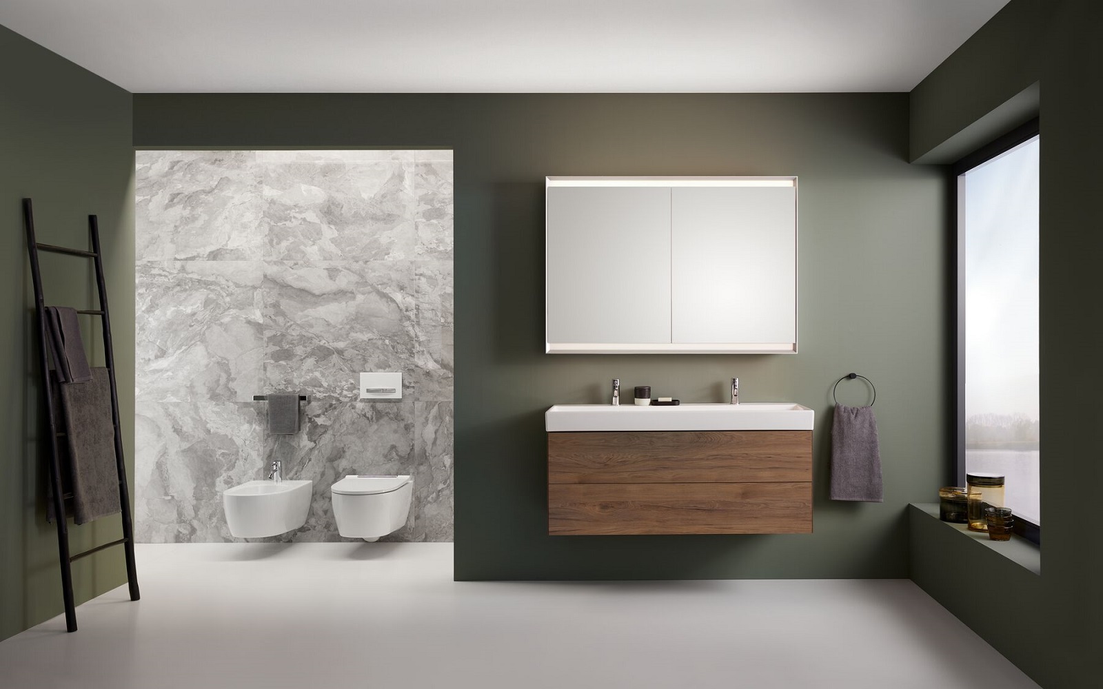 Geberit bathroom fittings against a gree wall with wooden detail