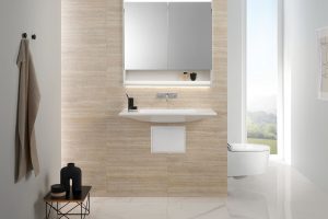 Geberit ONE wallhung toilet and handbasin in white and cream bathroom