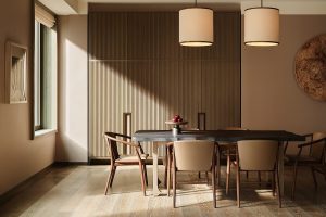 wooden table and natural light in the corner suite of Aman New York