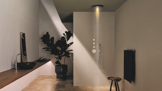 white and stone bathroom with Dornbracht Rain shower