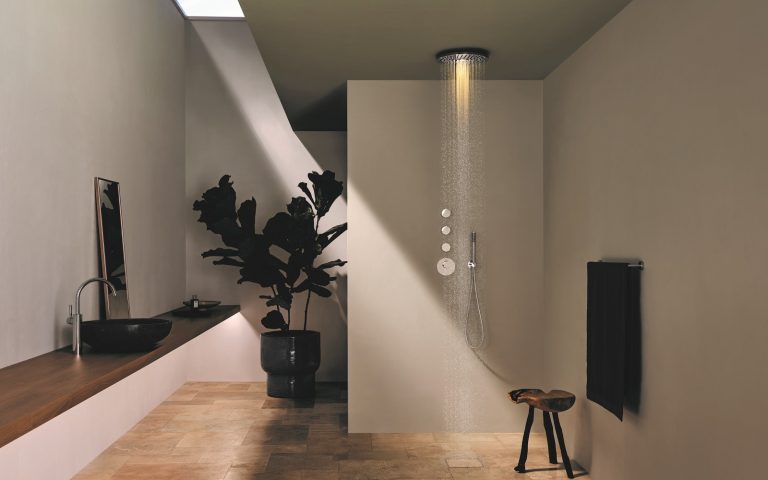 white and stone bathroom with Dornbracht Rain shower