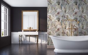 Heron Sent wallpaper design in vintage style bathroom