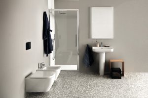 bathroom in grey and white with Ideal Standard fittings