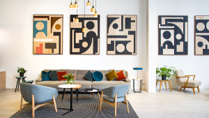 the Morgan showroom in London with furniture and graphic artwork