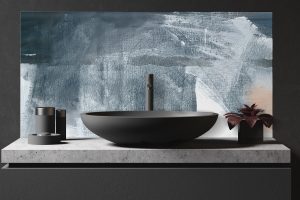 Inhale glass splashback by Red Dog glass Design behind grey ceramic basin